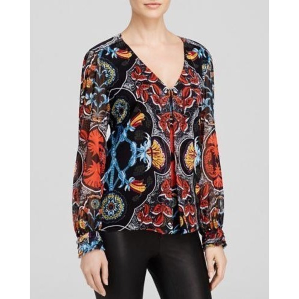 Alice + Olivia Blouse Womens M Multicolor Kaleidoscope‎ Floral V-Neck Sheer Boho